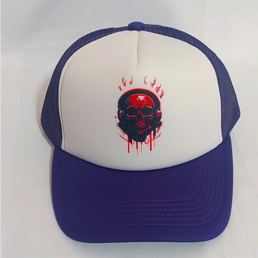 Skull with Headset Baseball Meshback Trucker Hats Adjustable Purple